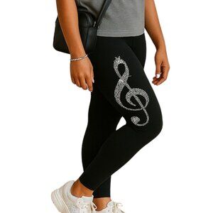 Stylish Black Leggings Sz L With Rhinestone Treble Clef Graphic Musiccore Glam